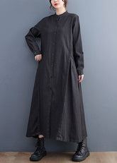 Vestido de manga larga con botones arrugados y cuello alto en denim negro de talla grande